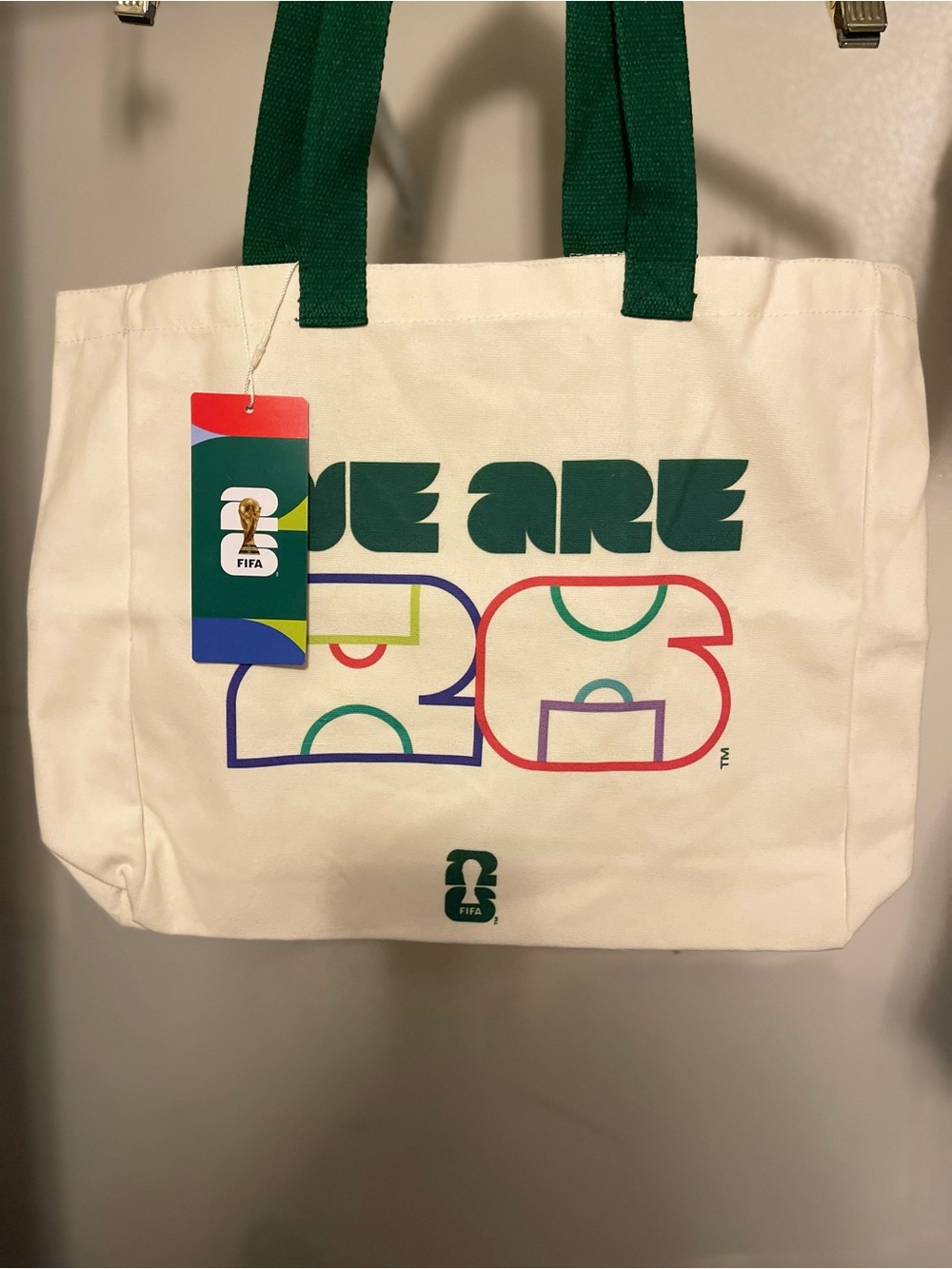 FIFA We Are 23 Canvas Tote Bag in Cream with Green Handles